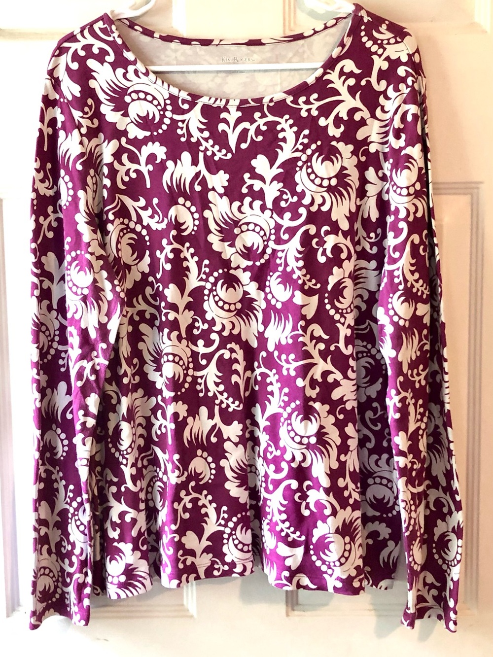 Kim Rogers Magenta Purple White Boho Damask Print Long Sleeve Cotton Knit Top XL